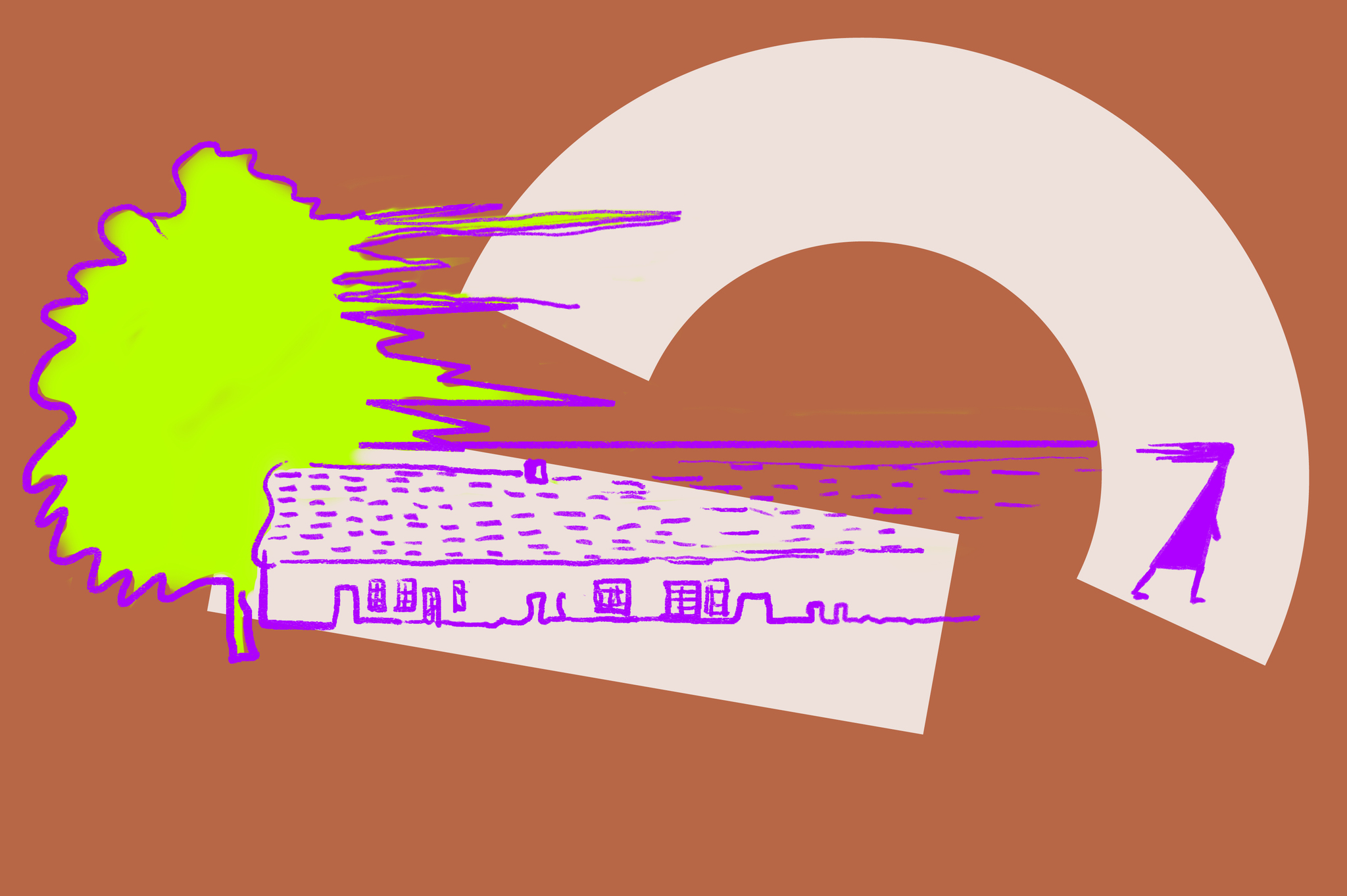 Logo Theater Strahl mit einer gezeichneten Figur und einem Haus und einem Baum davor.
